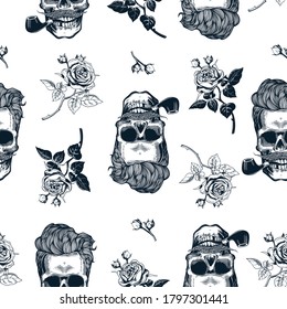 Patrón hipster sin fisuras con siluetas de cráneo, rosas de flores. Se cuelgan con un estilo de grabado vintage. Mustache, barba, tubos de tabaco. Ilustración de vectores en blanco y negro.
