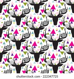 Hipster seamless pattern with triangle, deer horns and roses.