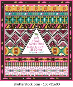 Hipster seamless tribal pattern with geometric elements and quotes typographic text