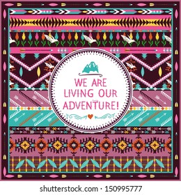 Hipster seamless tribal pattern with geometric elements and quotes typographic text