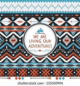 Hipster seamless tribal pattern with geometric elements and quotes typographic text