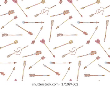 Hipster seamless tribal pattern with hand drawn arrows and heart