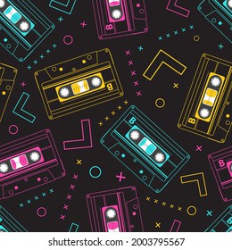 Hipster seamless vector repeat pattern with colorful retro cassettes music.