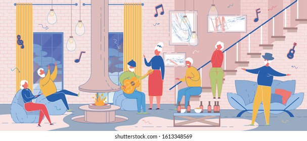 Hipster Senior People Having Party in Modern Loft with Arts Hanging on Wall and Fire Place. Aged Friends Celebrate Event Listening Live Music Man Playing on Guitar Cartoon Flat Vector Illustration