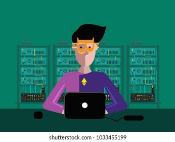 A hipster in a server farm mining  cryptocurrency. Editable Clip art. 