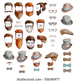 Hipster set. Beards, glasses, bow ties and hats.