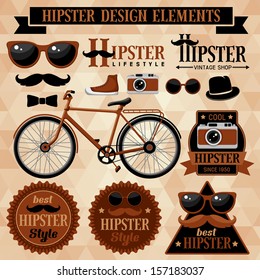 Hipster set with bicycle, labels and inscriptions