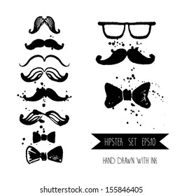 Hipster set - glasses, mustache, bow in vector. Hand drawn with ink.