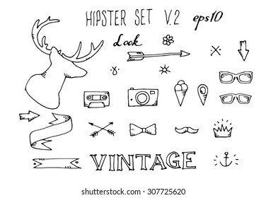 Hipster set. Hand drawn icons on white background. Vector illustration.