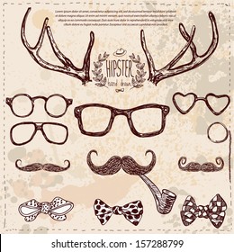 Hipster set: horns, glasses, mustache, bow. Vector illustration on vintage background hand drawn with label