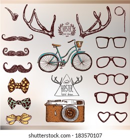 Hipster set: horns, glasses, mustache, bow. Vector illustration on vintage background hand drawn with label