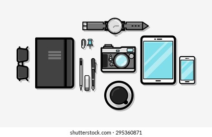 Hipster set. Stuff for travel. Outline business icons