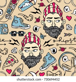 Hipster set. Young man, headphones, sneakers, glasses, pizza piece. Seamless vector pattern (background).