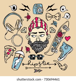 Hipster set. Young man, headphones, sneakers, glasses, pizza slice. Isolated vector objects.