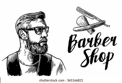 Hipster shave haircut in the BarberShop. Engraving vintage vector black illustration. Isolated on white background. Hand drawn design element for label and poster