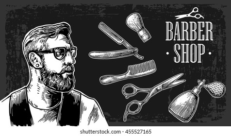 Hipster shave haircut in the BarberShop. Vector black and white illustrations and typography elements. Hand drawn vintage engraving for poster, label, banner, web. Isolated on dark background