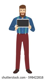 Hipster showing blank digital tablet PC. Full length portrait of hipster in a flat style. Vector illustration.