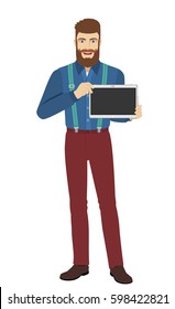 Hipster showing blank digital tablet PC. Full length portrait of hipster in a flat style. Vector illustration.