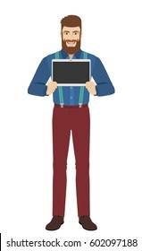 Hipster showing blank digital tablet PC. Full length portrait of hipster in a flat style. Vector illustration.