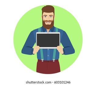Hipster showing blank digital tablet PC. Portrait of hipster in a flat style. Vector illustration.