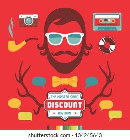 Hipster Signs Design Elements. Human face illustration. Hair, mustache, beard, sunglasses, audio cassette, deer horn, pipe, photo camera and speech bubbles. 
