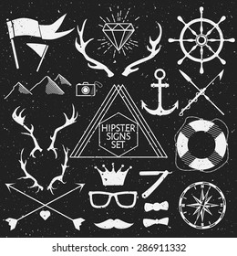 Hipster signs set. Antlers, anchor, lifebuoy, arrows, logo, etc. Vector Illustration.