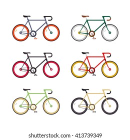 Hipster single speed bikes set. City bicycles with fixed gear. Different color schemes. Linear flat design icons.