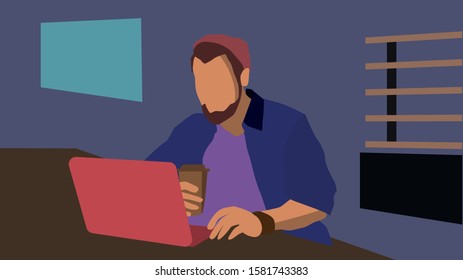 hipster is sitting and drinking coffee