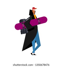 Hipster and skateboard. trendy guy with beard. fashion-monger and longboard