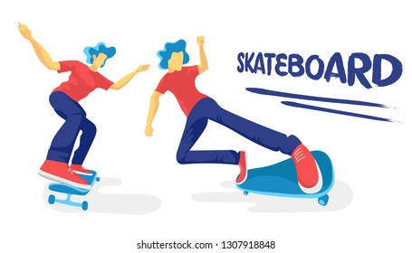 Hipster skateboarders in red t-shirt and blue trousers in different poses. Vector flat cartoon illustration.