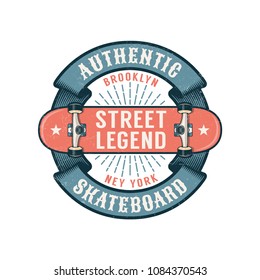 Hipster skateboarding logo with round ribbon and inverted skateboard. Worn textures on a separate layer.