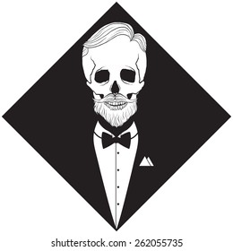 Hipster skeleton silhouette in tuxedo suit, hand drawn, vector illustration