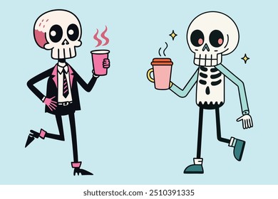 Hipster esqueletos disfrutando de café - día peculiar de los muertos ilustración temática.