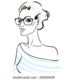 Hipster sketch set: Pretty girl in sunglasses, vector illustration.