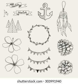 Hipster sketch style info graphics elements set for retro design.
