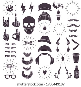 hipster skull accessories constructor. Isolated elements on a white background. Component parts of an images. Hipster portraits combining vector collection