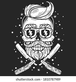 hipster skull barber emblem. Silhouette head vector isolated illustration. Brutal bearded face with two straight razors white on a black background