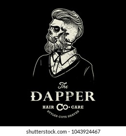 Hipster skull barber shop logo in black and white