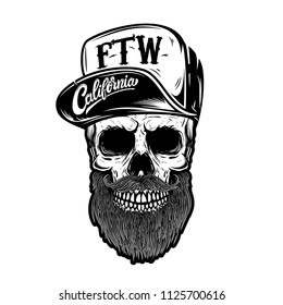 Hipster skull in baseball cap with lettering california, forever two wheels. Design element for logo, label, emblem, sign. Vector image