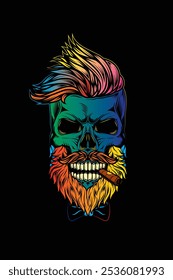 Hipster skull with beard and mustache with cigar in mouth.. Original vector illustration in vintage style. T-shirt design. Hand drawn, not AI