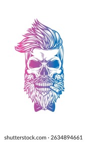 Hipster skull with beard and mustache with cigar in mouth.. Original vector illustration in vintage style. T-shirt design. Hand drawn, not AI