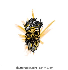 Hipster skull with beard and mustache, crown, king, vector illustration