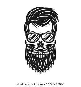 Hipster skull with beard and sunglasses vector monochrome illustration isolated on white background