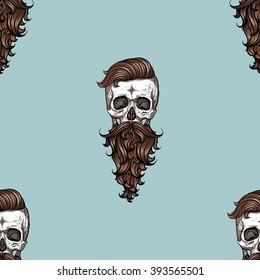 Hipster skull with brawn hair and bread.Seamless pattern background. Blue.