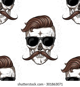 Hipster skull with brawn hair and mustache.Seamless pattern background.glasses.