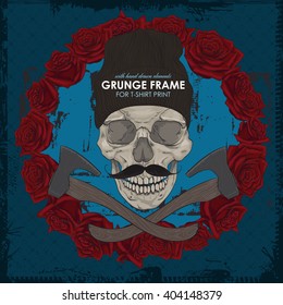 hipster skull cap with axes. T-shirt label design. Hand drawn illustration. Digital drawn. Skull drawn. Skull illustration. Skull in hat.