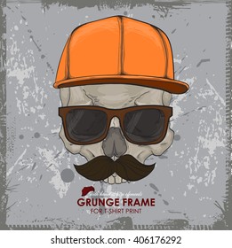 Hipster skull cap. Hipster skull in beanie hat and glasses, t-shirt design print