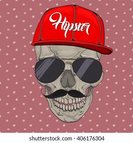 Hipster skull cap. Hipster skull in beanie hat and glasses, t-shirt design print