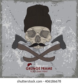 Hipster skull cap. Hipster skull in beanie hat. T-shirt design print. skulls with axes