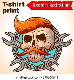 Hipster skull. Car workshop logo, moto workshop logo. Cool Dead skull mechanic on metal chains with spanners. Retro skull with mustache and proprietary biker hairdo.Vector tattoo on white background